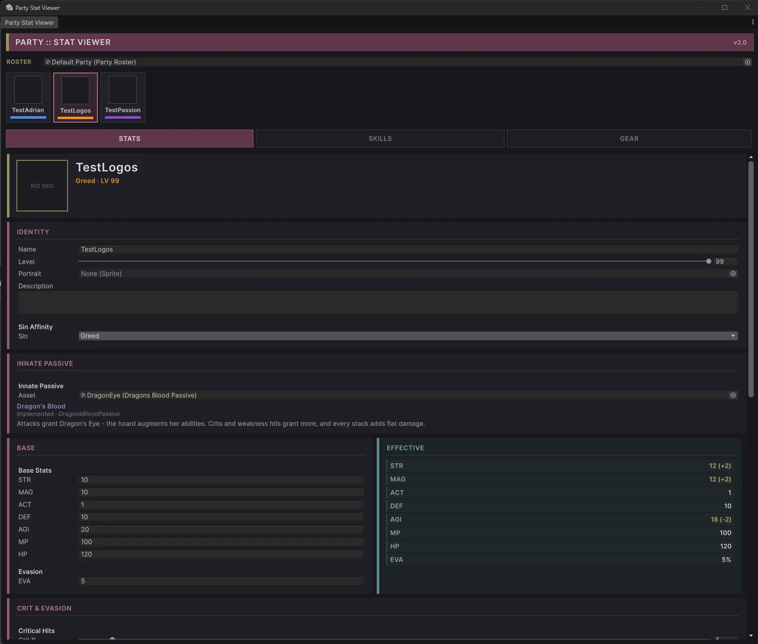 The Party Stat Viewer showing a character's identity, innate passive, and base versus effective stats